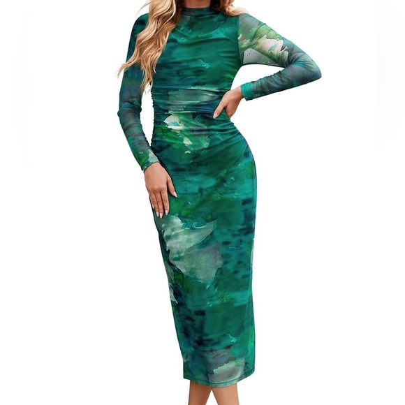 As U Wish Teal Watercolor Long Sleeve Dress - Picture 1 of 3